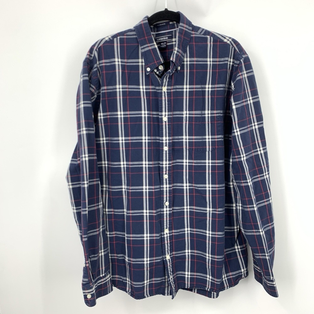Lands‎ End Men Size XL TALL 17 17.5 Shirt Button Down Top Blue Checkered Oxford